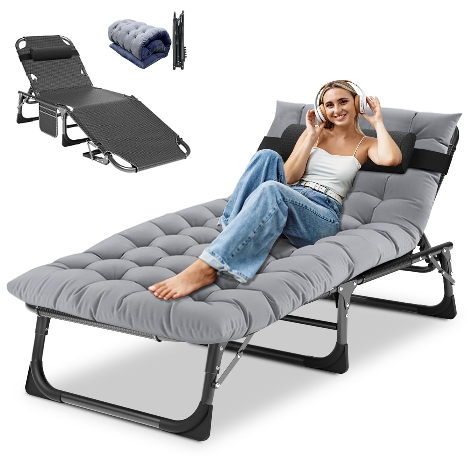 Docred Folding Chaise Lounge Chair, Folding Cot, 5-Position Adjustable Heavy Duty Patio Chaise Lounges For Outside, Poolside, Beach, Lawn, Camping