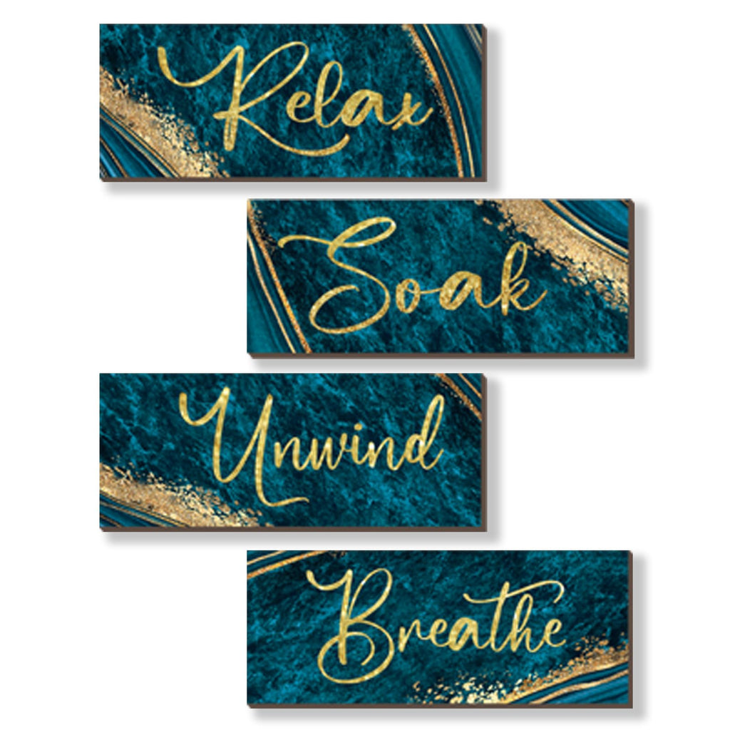 ONIZHITY 4 Pcs Teal and Gold Bathroom Decor Navy Teal Gold Wall Decor Relax Soak Unwind Breathe Wooden Rustic Marble Style Versa