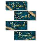 ONIZHITY 4 Pcs Teal and Gold Bathroom Decor Navy Teal Gold Wall Decor Relax Soak Unwind Breathe Wooden Rustic Marble Style Versa