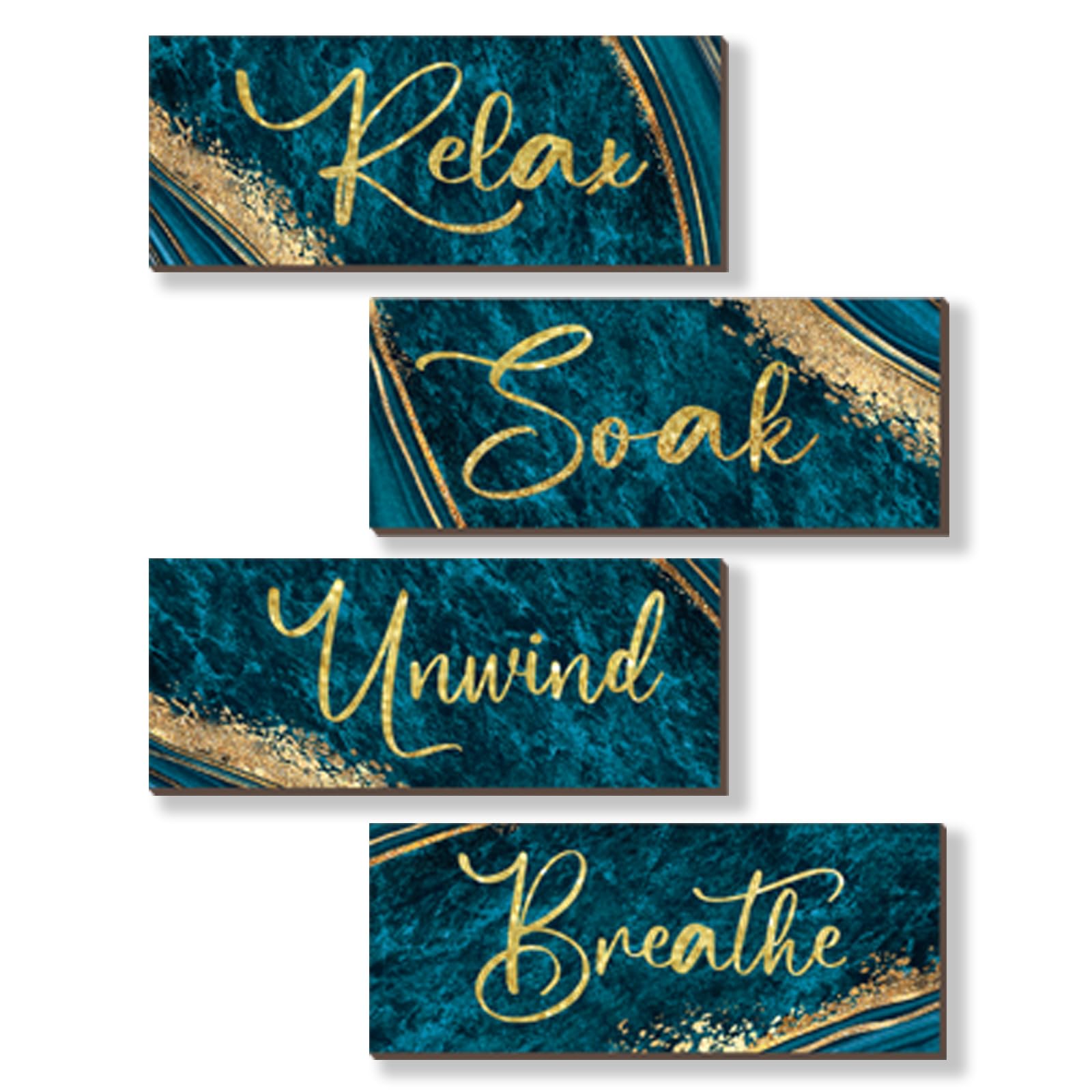 ONIZHITY 4 Pcs Teal and Gold Bathroom Decor Navy Teal Gold Wall Decor Relax Soak Unwind Breathe Wooden Rustic Marble Style Versa