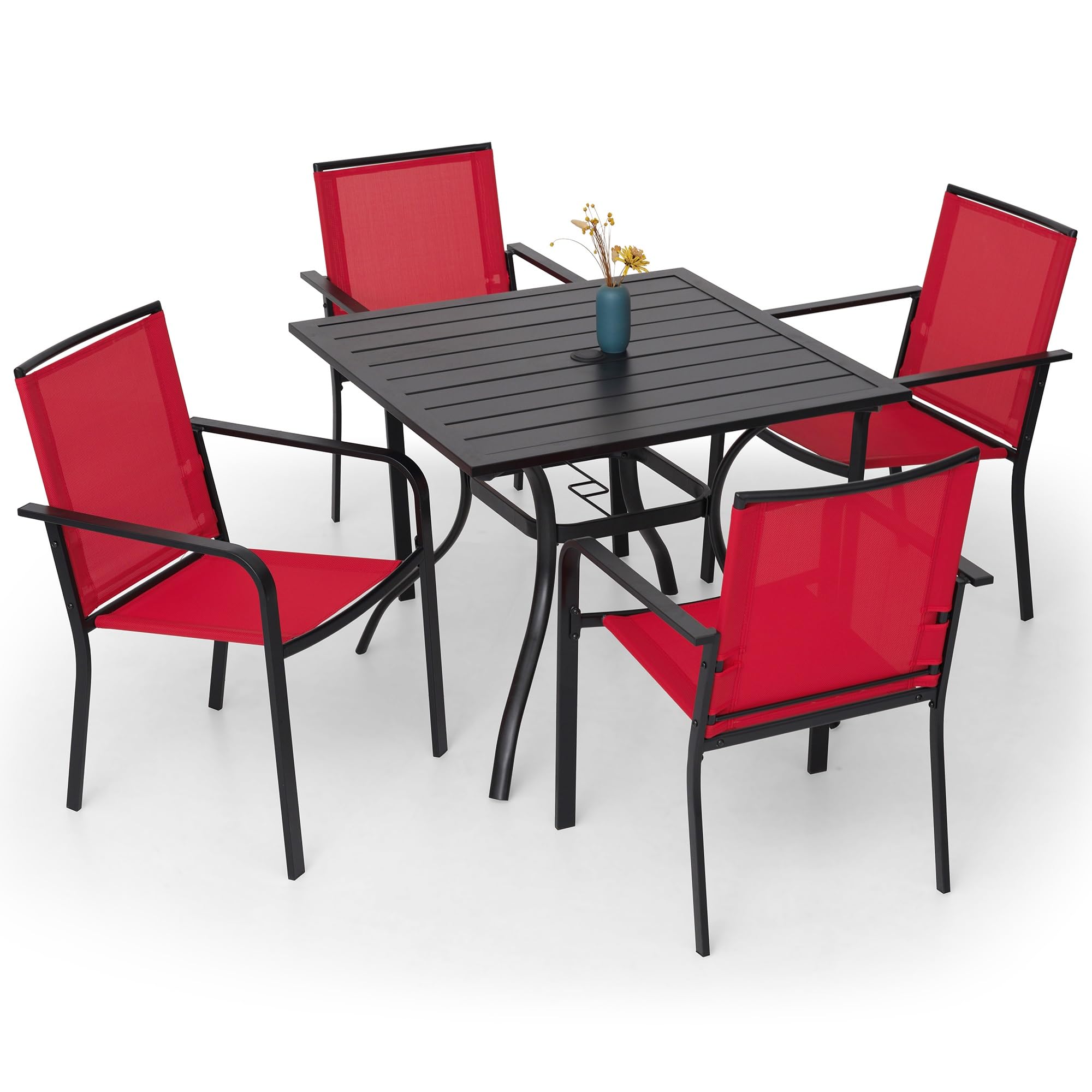 Anmutig 5 Piece Patio Dining Set, 4 Pcs Outdoor Red Sling Stackable Chairs And 35' Square Metal Patio Table With Umbrella Hole