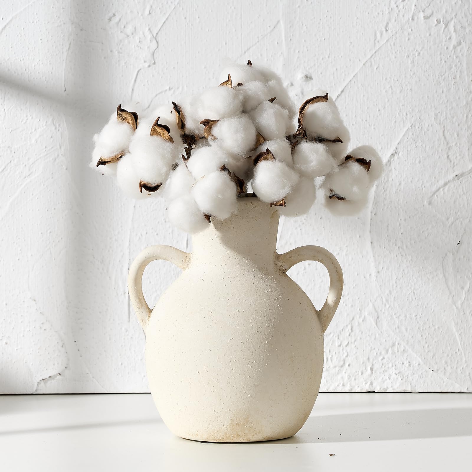 SIDUCAL Rustic Ceramic Farmhouse Flower Vase with 2 Handles, Terracotta Vase, Decorative Pottery Flower Vase for Home Decor, Tab