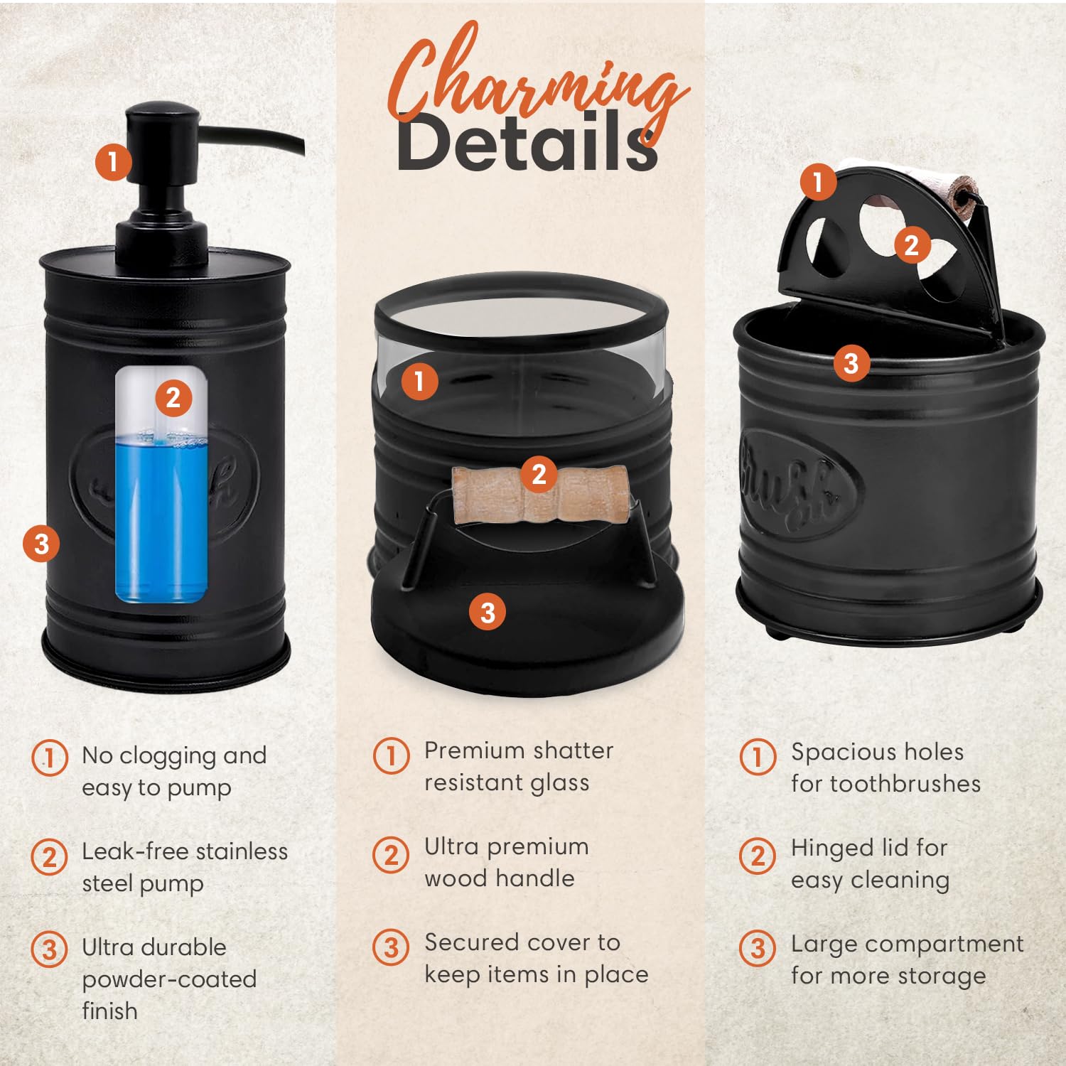 Autumn Alley Rustic Bathroom Accessories Set 4 - Black Farmhouse Soap Dispenser, Rustic Toothbrush Holder, 2 Apothecary Jars Qti