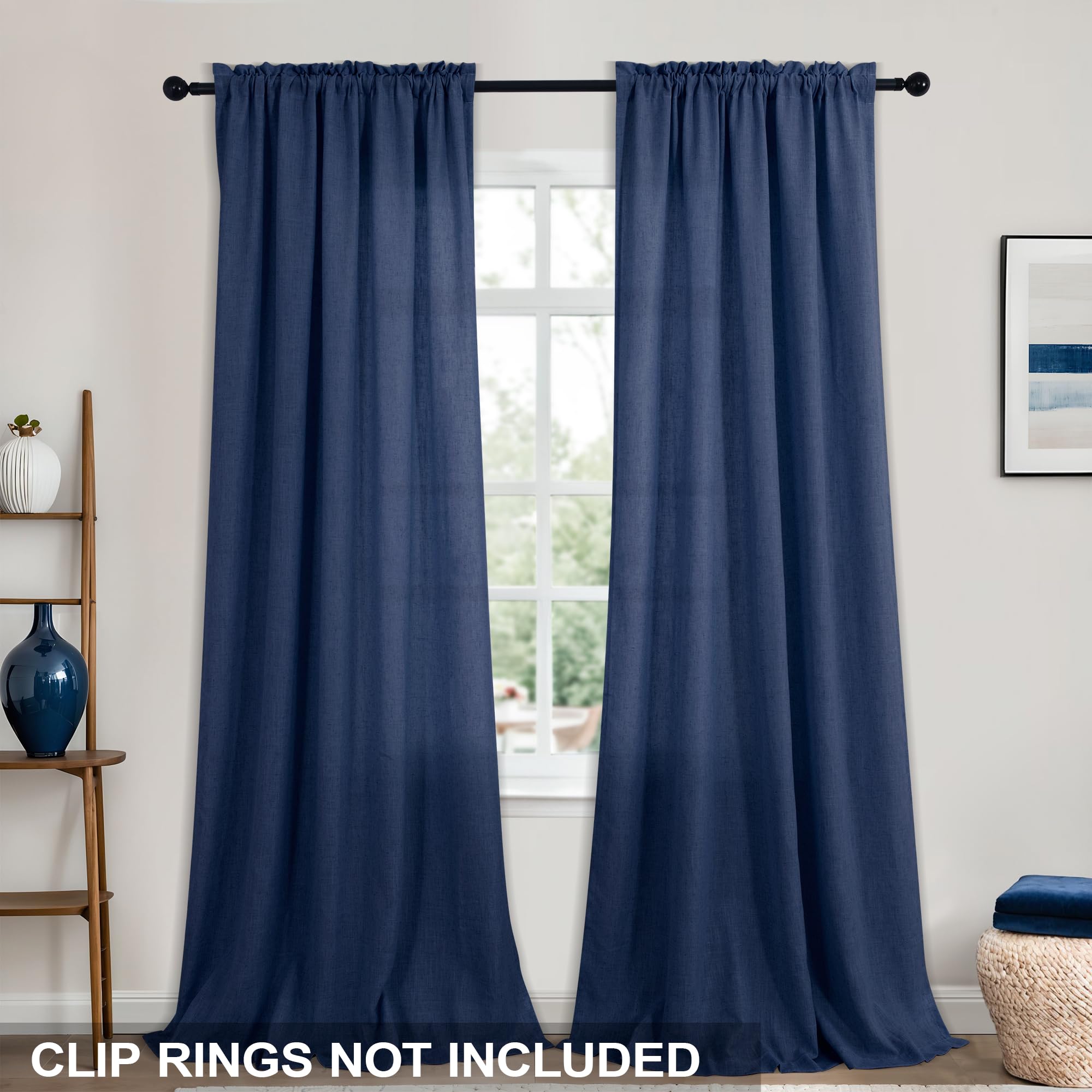 Koufall Blue Curtains 90 Inches Long For Living Room,Light Filtering Semi Sheer Linen Nautical Curtains For Bedroom 90 Inch Length 2 Panels Set,Dark Navy Blue