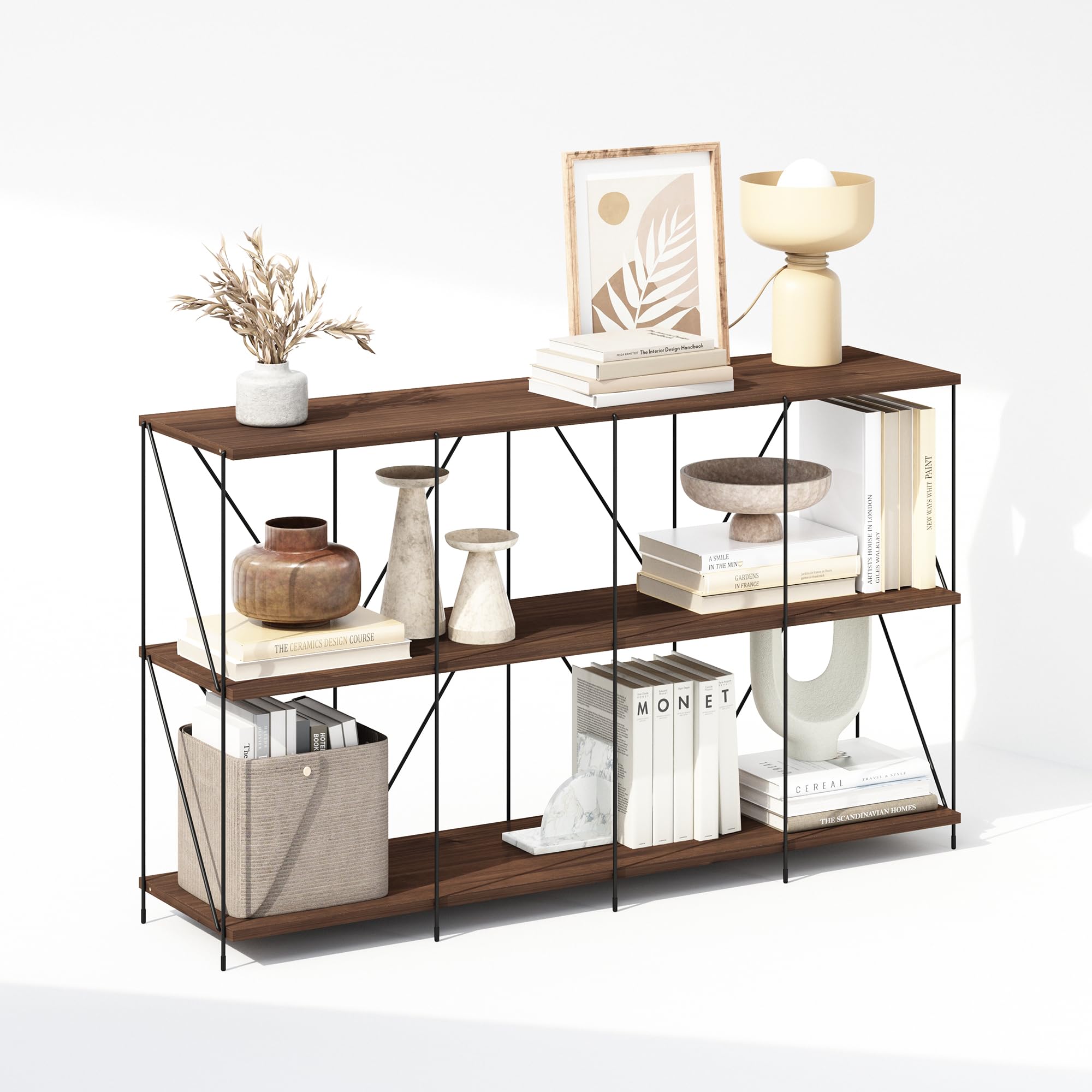 Furinno Wire 3-Tier Industrial Style Metal Frame Bookcase, Display Shelf, 47 Wide, Walnut Cove