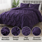 Andency Purple Comforter Set Queen Size, 3 Pieces Pintuck Bedding Comforters For Queen Bed, All Season Soft Lightweight Pinch Pleat Microfiber Bed Set