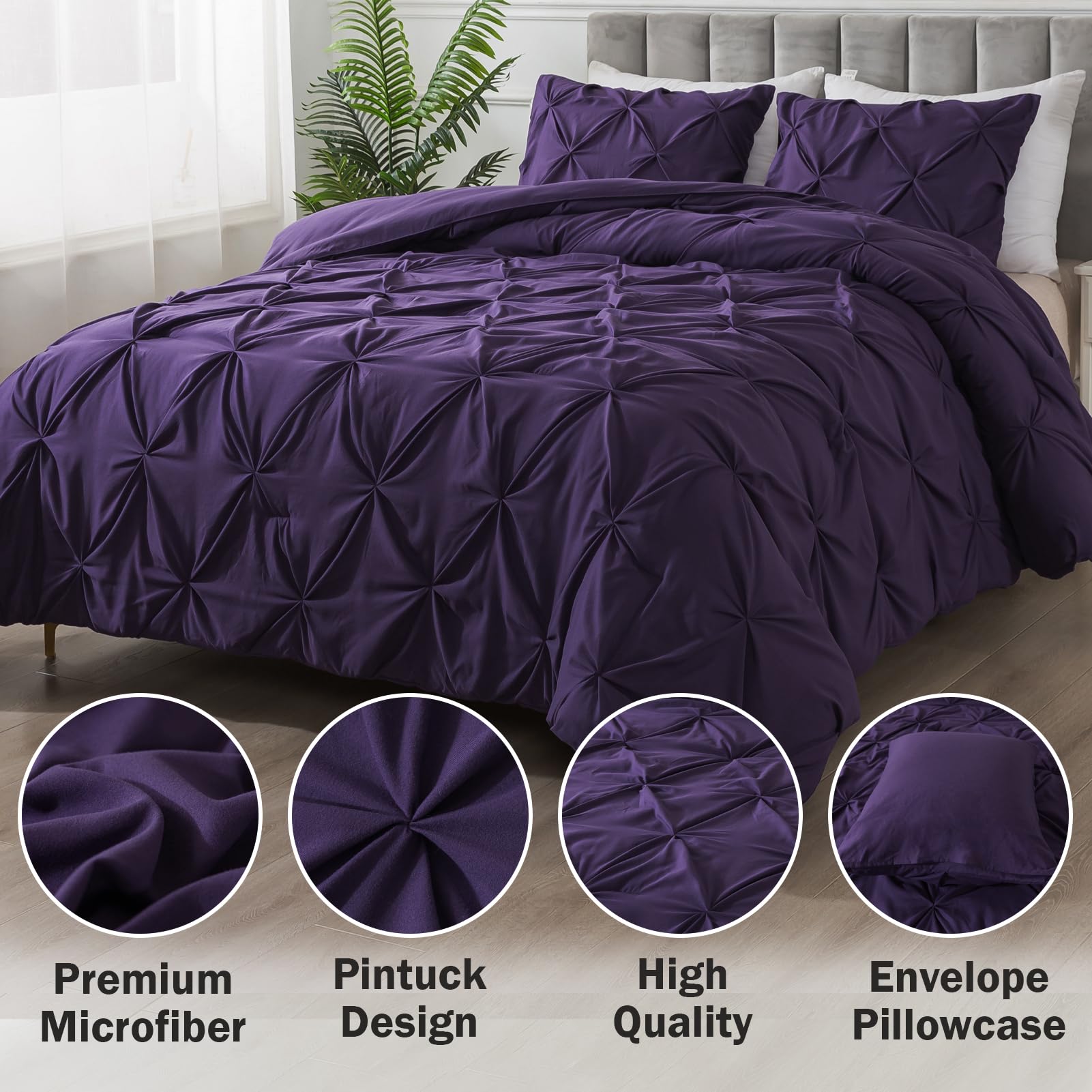 Andency Purple Comforter Set Queen Size, 3 Pieces Pintuck Bedding Comforters For Queen Bed, All Season Soft Lightweight Pinch Pleat Microfiber Bed Set