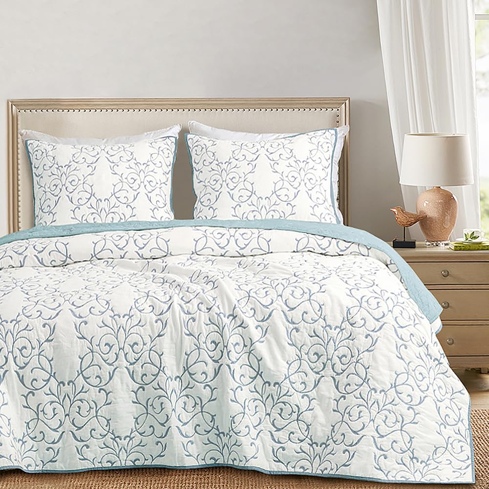 Mixinni Quilt Light Blue Queen Size Reversible 3-Piece Embroidery Pattern Elegant Queen Size Bedspread Set,(1 Quilt,2 Pillow Sha
