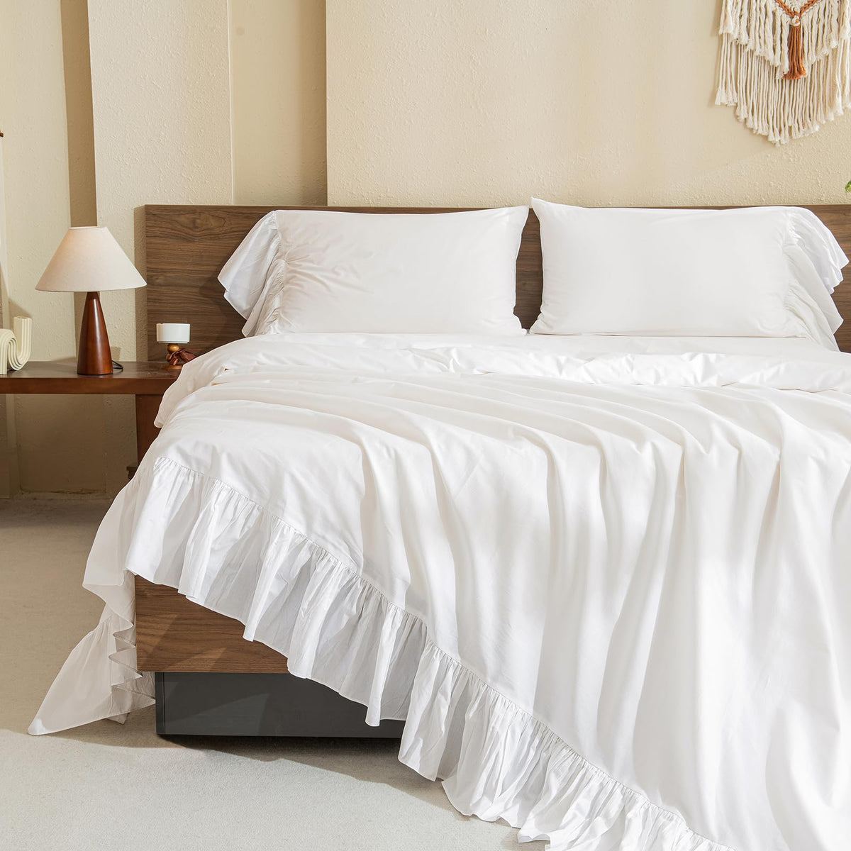 Queen'S House White Ruffles Bed Sheet Set Cotton 4-Piece King Size-Style G