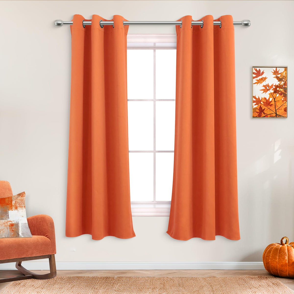 Mrs.Naturall Orange Curtains For Bedroom 63 Inches Long,Fall Pumpkin Blackout Room Darkening Curtains 63 Inch Length 2 Panels Fo