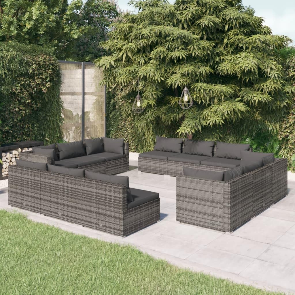 vidaXL 12 Piece Patio Lounge Set - Poly Rattan, Gray with Anthracite Cushions - Durable, Water-Resistant Material, Sturdy Steel Frame - Modular Design, Comfortable & Easy to Maintain