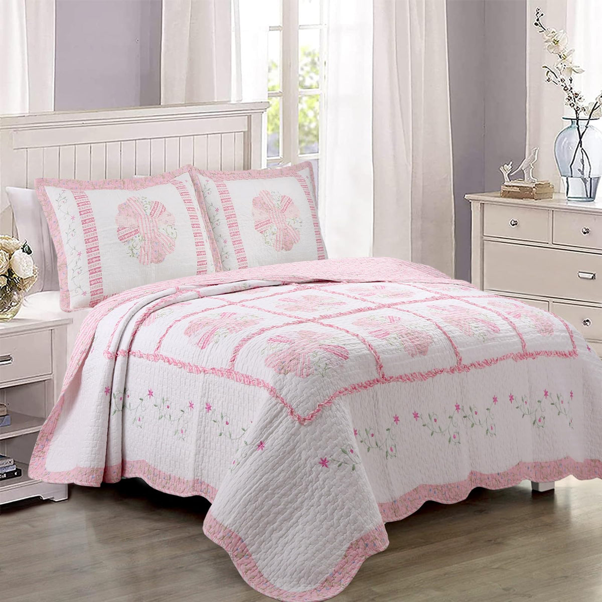 Cozy Line Home Fashions 100% Cotton Real Patchwork Pink Flora Dresden Plate Reversible Quilt Bedding Set, Coverlet, Bedspread (D