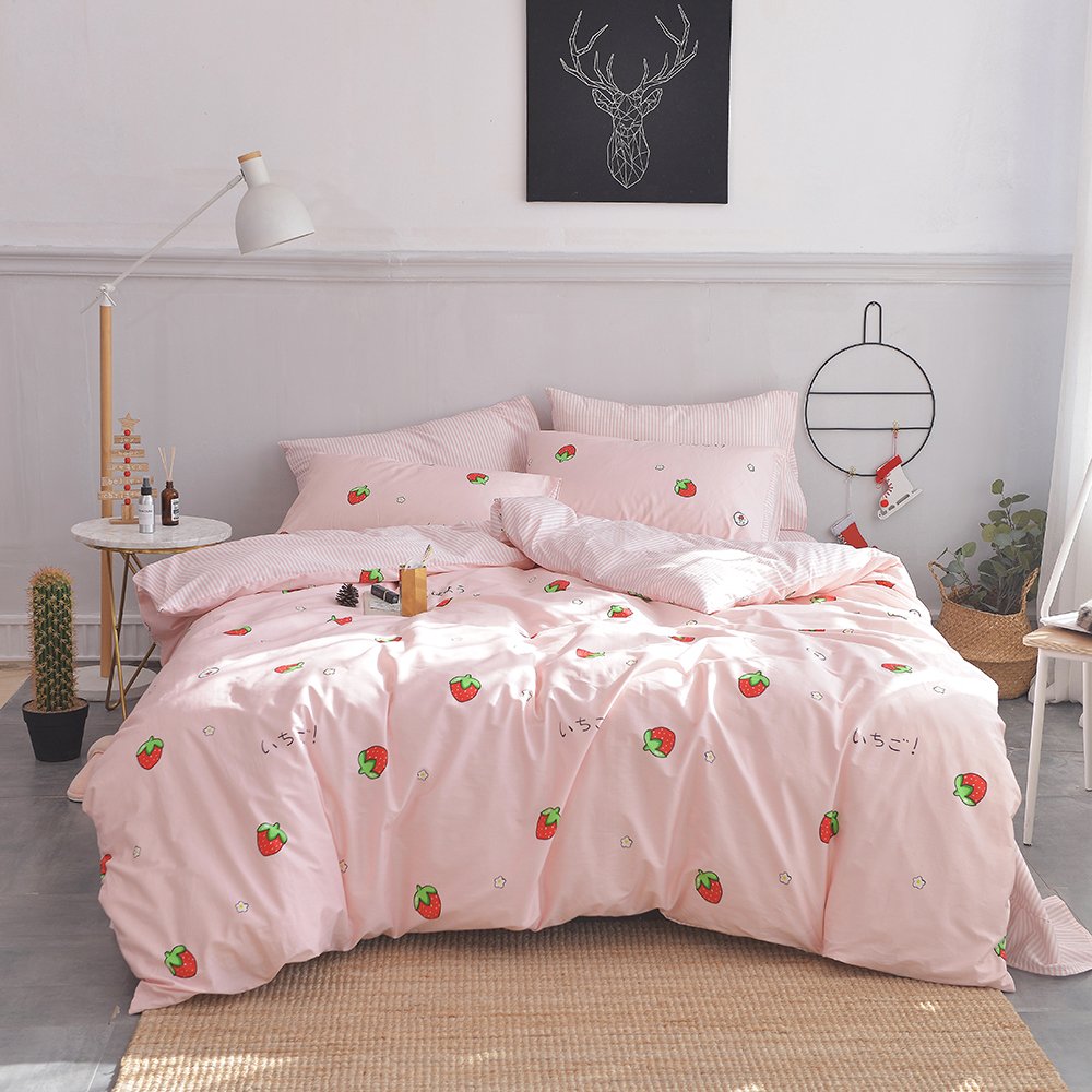 Aojim Pink Strawberry Duvet Cover Set For Kids Adults, Pure Cotton Bedding Duvet Cover With Zipper Closure, 1 Soft Comforter Cov