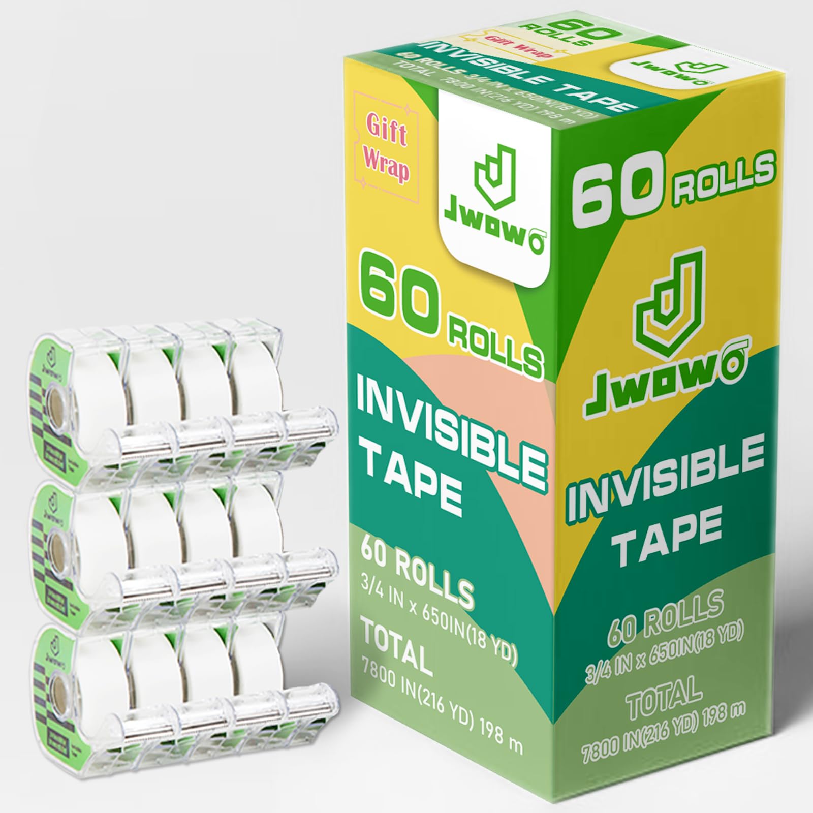 Jwowo Gift-Wrap, Clear Tape, For Office, Wrapping Paper, Christmas,Matte Finish,3/4 In X 650 In, Dispensered, 60 Packs