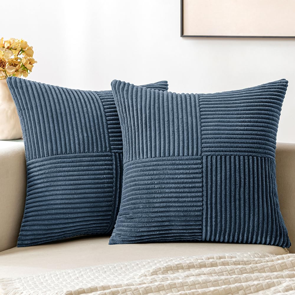 Miulee Blue Corduroy Pillow Covers Pack Of 2 Boho Decorative Spliced Throw Pillow Covers Soft Solid Couch Pillowcases Cross Patc