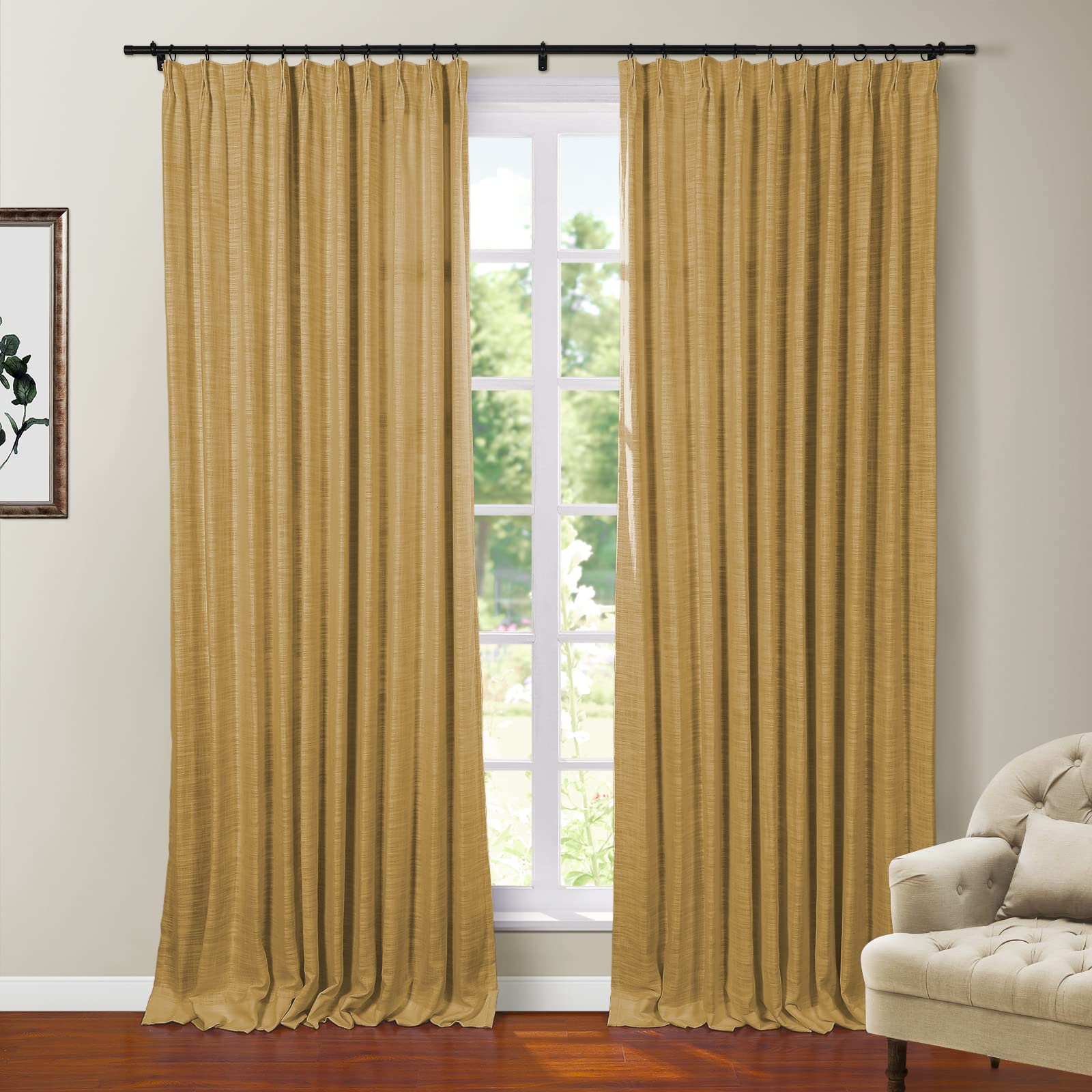 Twopages Faux Linen Mustard Yellow Blackout Curtain For Bedroom Living Room Thermal Insulated Drape With Pinch Pleat And Back Ta