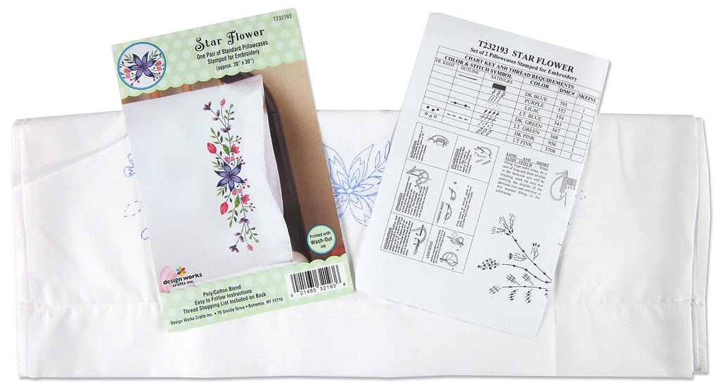 Design Works Crafts Star Flowers Stamped For Embroidery Pillowcases, White
