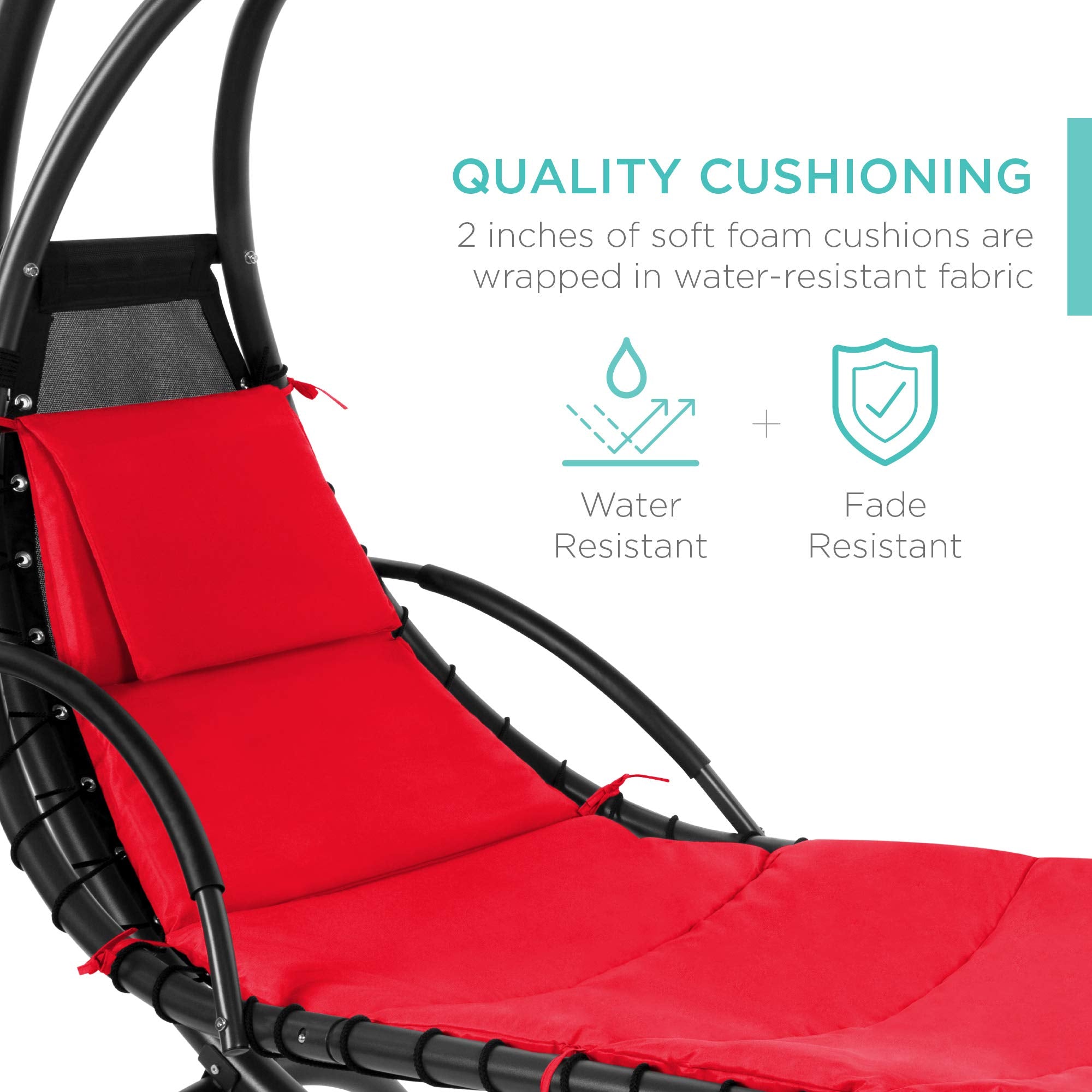 Best Choice Products Outdoor Hanging Curved Steel Chaise Lounge Chair Swing W/Built-In Pillow And Removable Canopy -Red