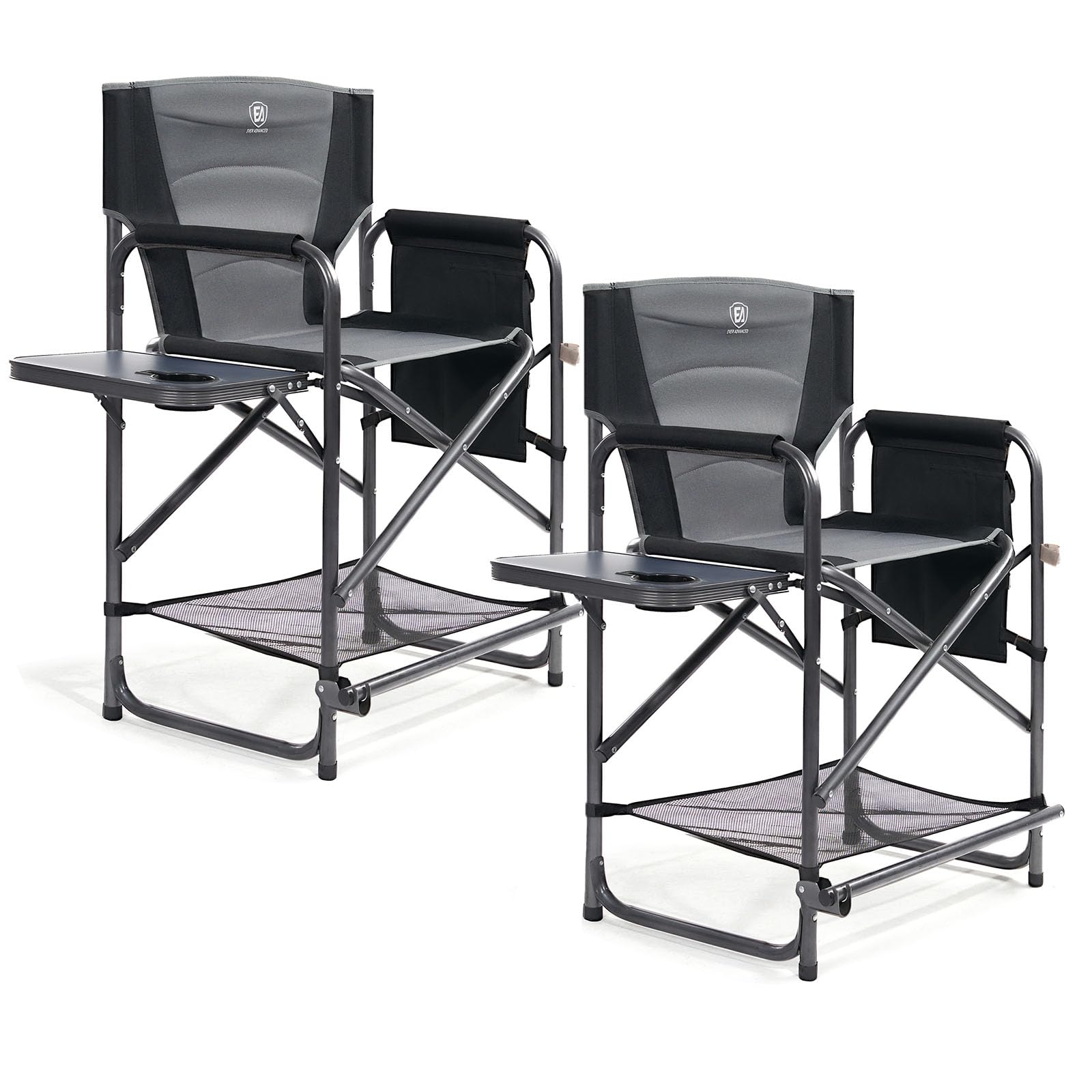 EVER ADVANCED 2 Piece Medium Tall Directors Chair Foldable Makeup Artist Chair Bar Height with Side Table Cup Holder and Pocket 