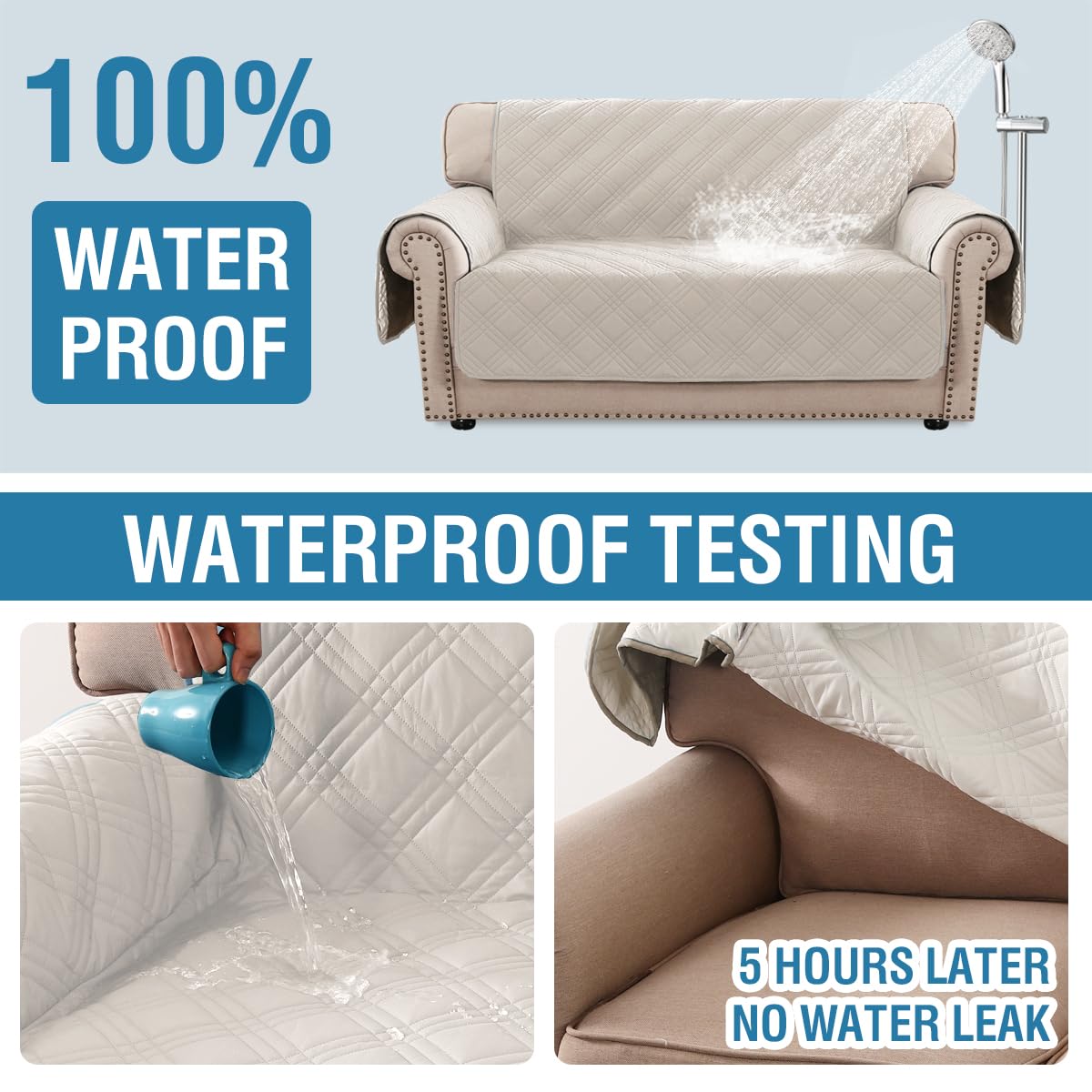 H.Versailtex 100% Waterproof Couch Cover 2 Cushion Sofa Modern Sofa Covers Waterproof And Washable Thick Soft Couch Cover For Dogs With Elastic Straps (Loveseat, French Oak/Beige)