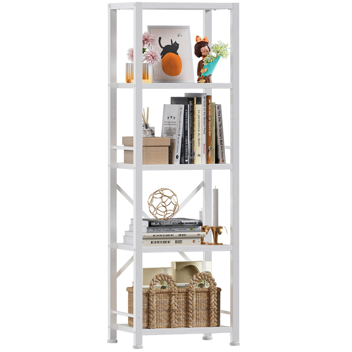 Furologee White Bookshelf 5 Tier Bookcase, Tall Narrow Bookshelves, Modern Freestanding Shelf Units, Metal and Wood Display Stor