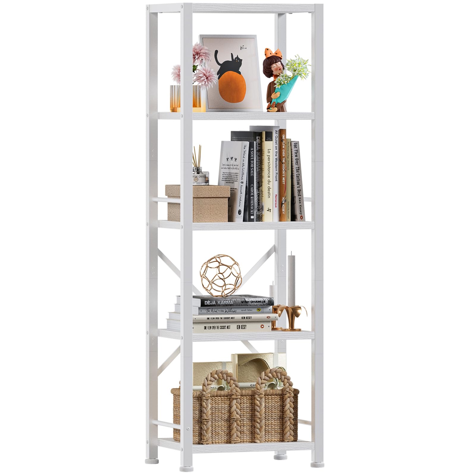 Furologee White Bookshelf 5 Tier Bookcase, Tall Narrow Bookshelves, Modern Freestanding Shelf Units, Metal and Wood Display Stor