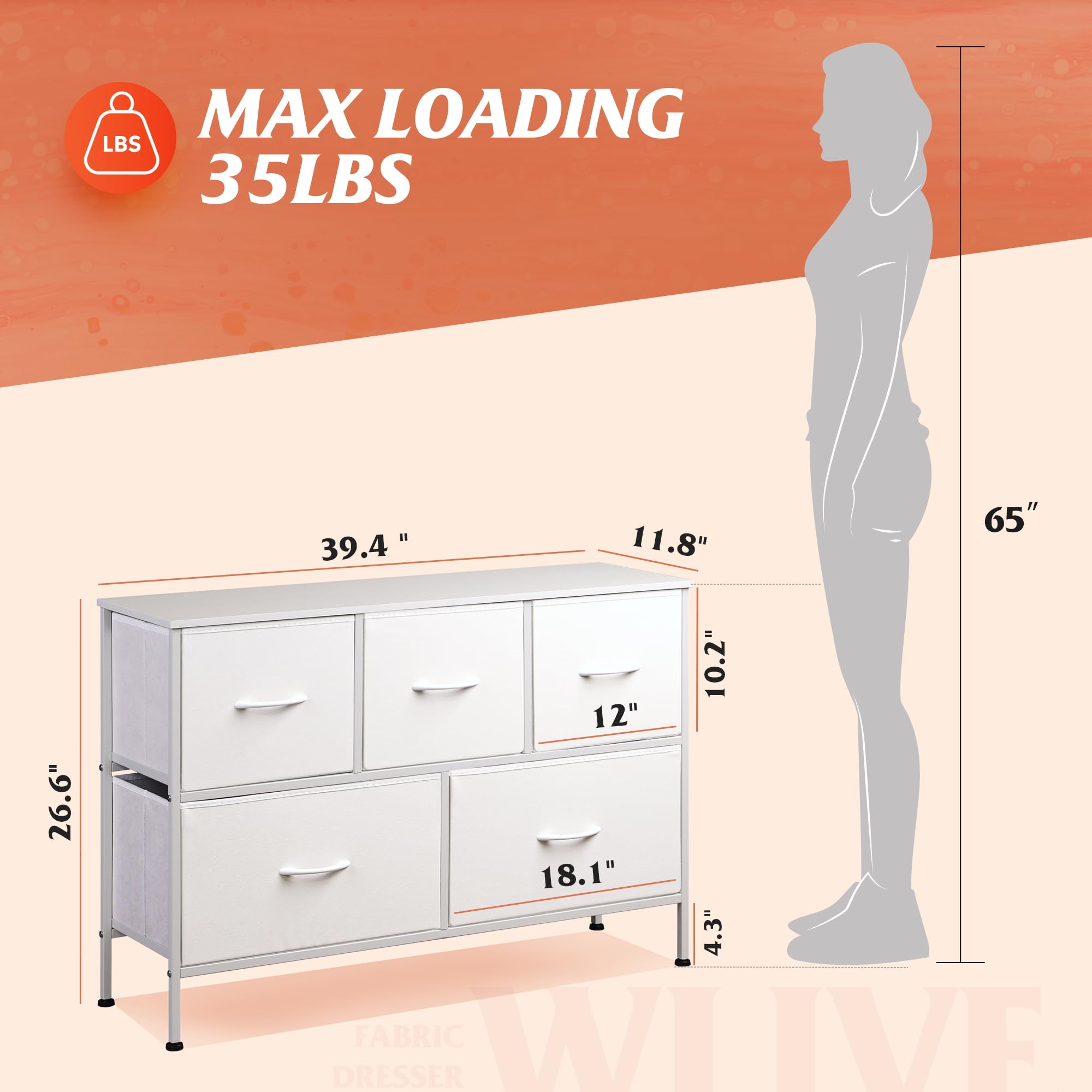 Wlive Dresser With 5 Drawers, Dressers For Bedroom, Fabric Storage Tower, Hallway, Entryway, Closets, Sturdy Steel Frame, Wood Top, Easy Pull Handle (White)