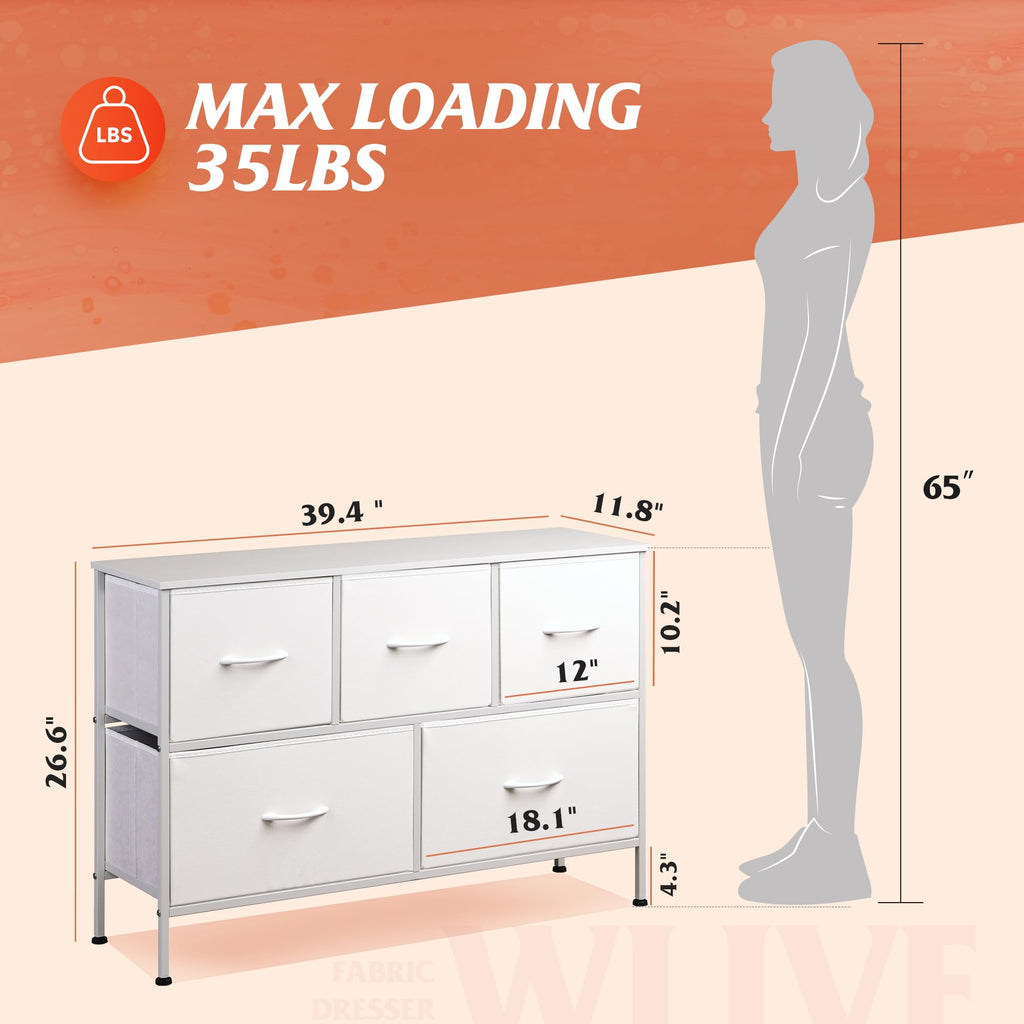 Wlive Dresser With 5 Drawers, Dressers For Bedroom, Fabric Storage Tower, Hallway, Entryway, Closets, Sturdy Steel Frame, Wood Top, Easy Pull Handle (White)