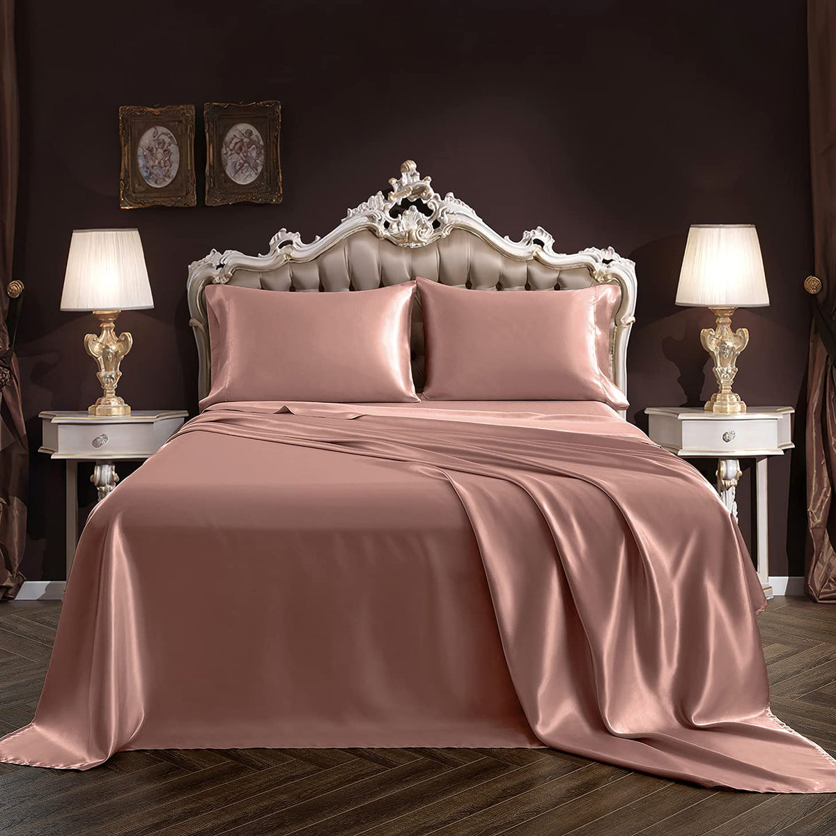 Siinvdabzx 4Pcs Satin Sheet Set Full Size Ultra Silky Soft Champagne Satin Full Bed Sheets With Deep Pocket, 1 Fitted Sheet, 1 F