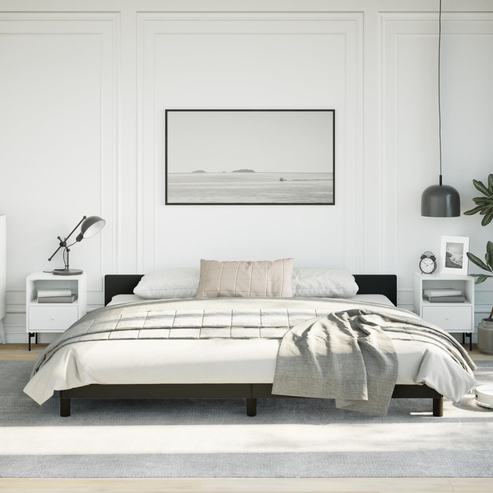 vidaXL Faux Leather Bed Frame Platform Bed, Scandinavian Style/Slats Support/No Box Spring Needed/Without Mattress/Easy Assembly, Black King Bed