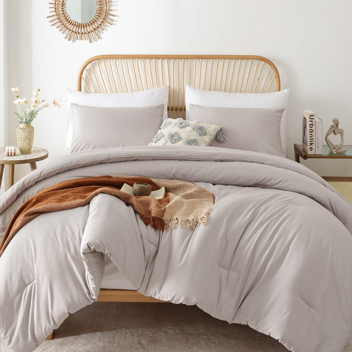 Rosgonia King Size Comforter Set Linen Grey, 3Pcs(1 Boho Comforter & 2 Pillowcases) Soft Lightweight Bedding Blanket All Season