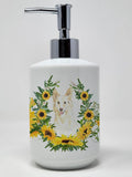 Caroline's Treasures CK2955SOAP White Collie in Sunflowers Ceramic Soap Dispenser Hand Soap Dispenser Pump Bottles for Bathroom 