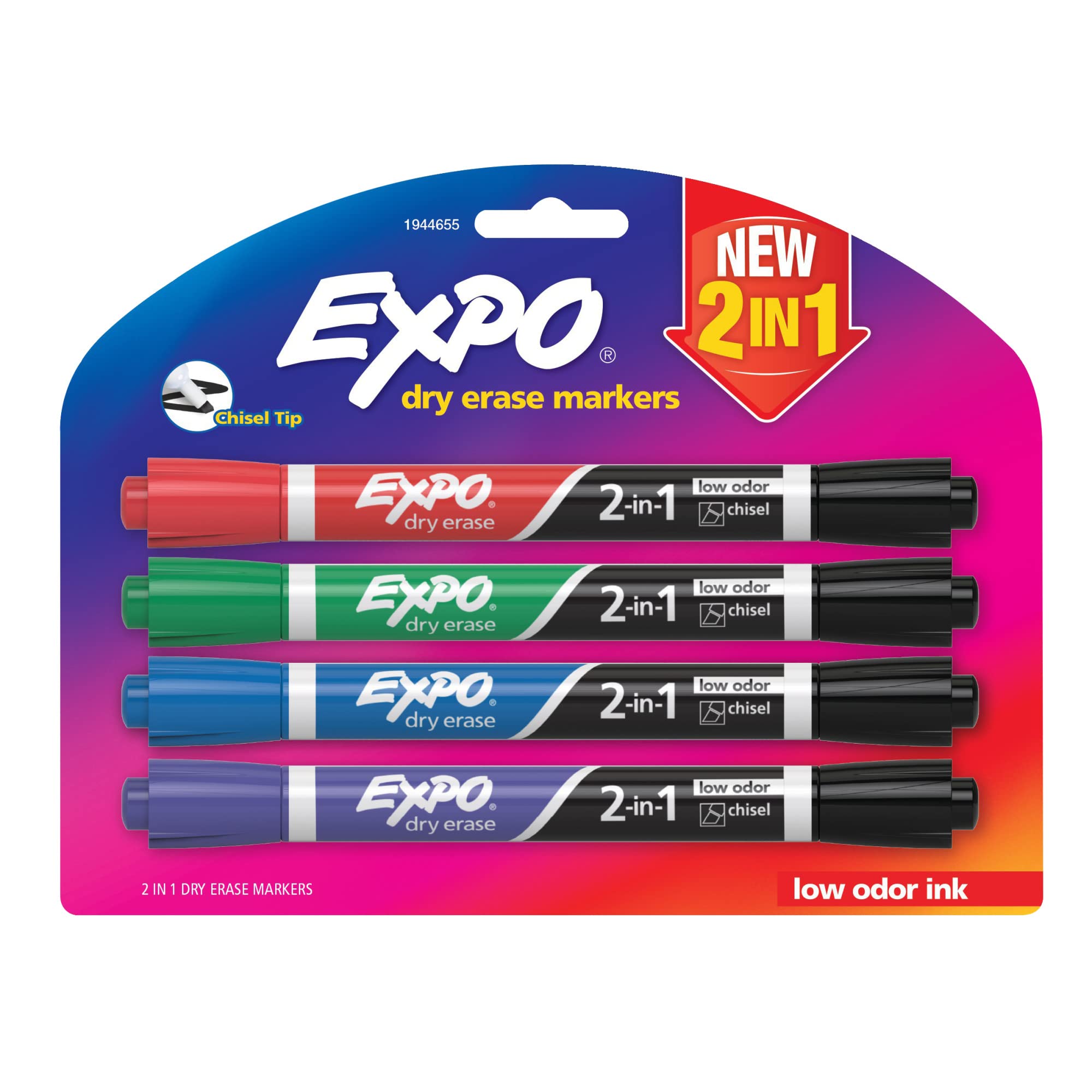 Expo 2-In-1 Dry-Erase Markers, Chisel Tip, Assorted Ink Colors, Pack Of 4