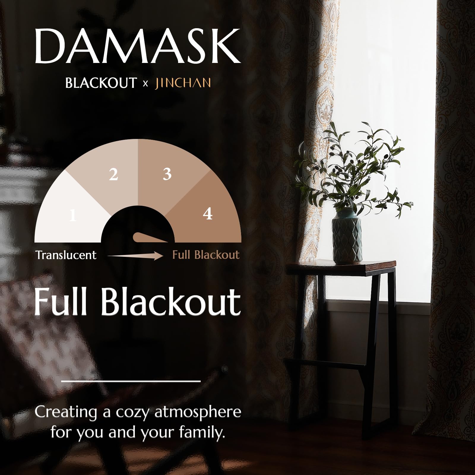 Jinchan 100% Blackout Curtains 90 Inch Length Brown Damask Medallion Window Curtains For Bedroom Grommet Thermal Insulated Drapes For Living Room Vintage Luxury Window Treatments Set 2 Panels