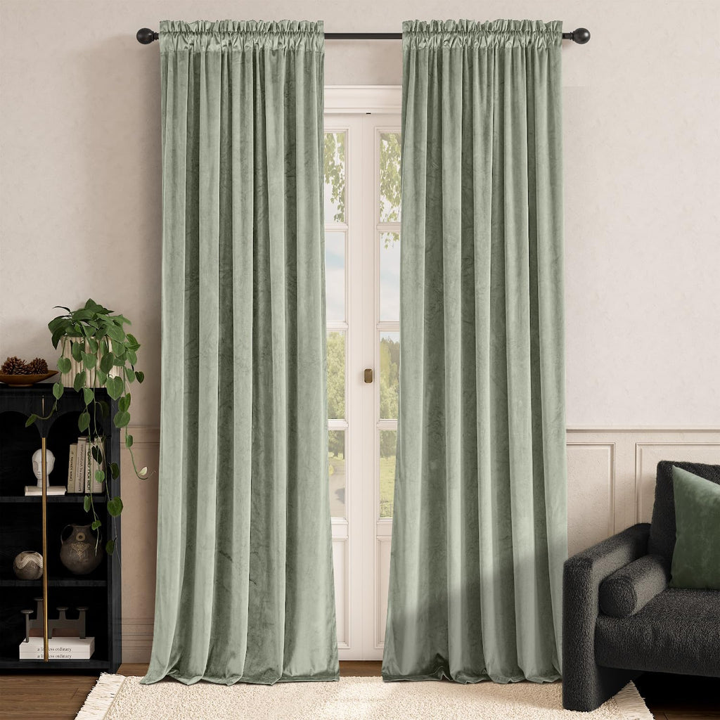Lazzzy Velvet Green Curtains Room Darkening Thermal Insulated Curtains 108 Inch Length Window Drapes For Bedroom Living Room Super Soft Luxury Rod Pocketwindow Treatment 2 Panels, Grayish Green
