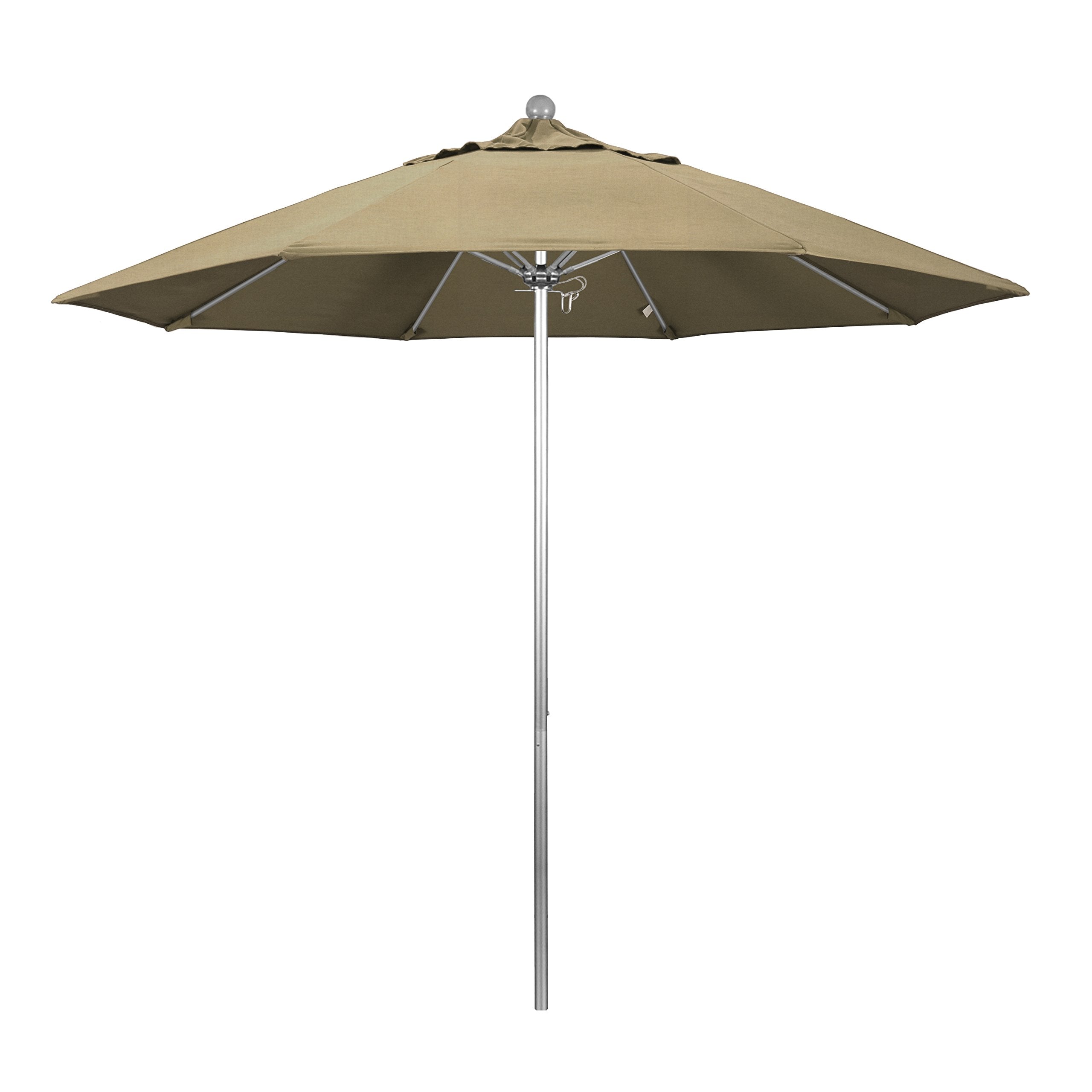 California Umbrella 9' Round Aluminum/Fiberglass Umbrella, Push Open, Silver Pole, Sunbrella Heather Beige
