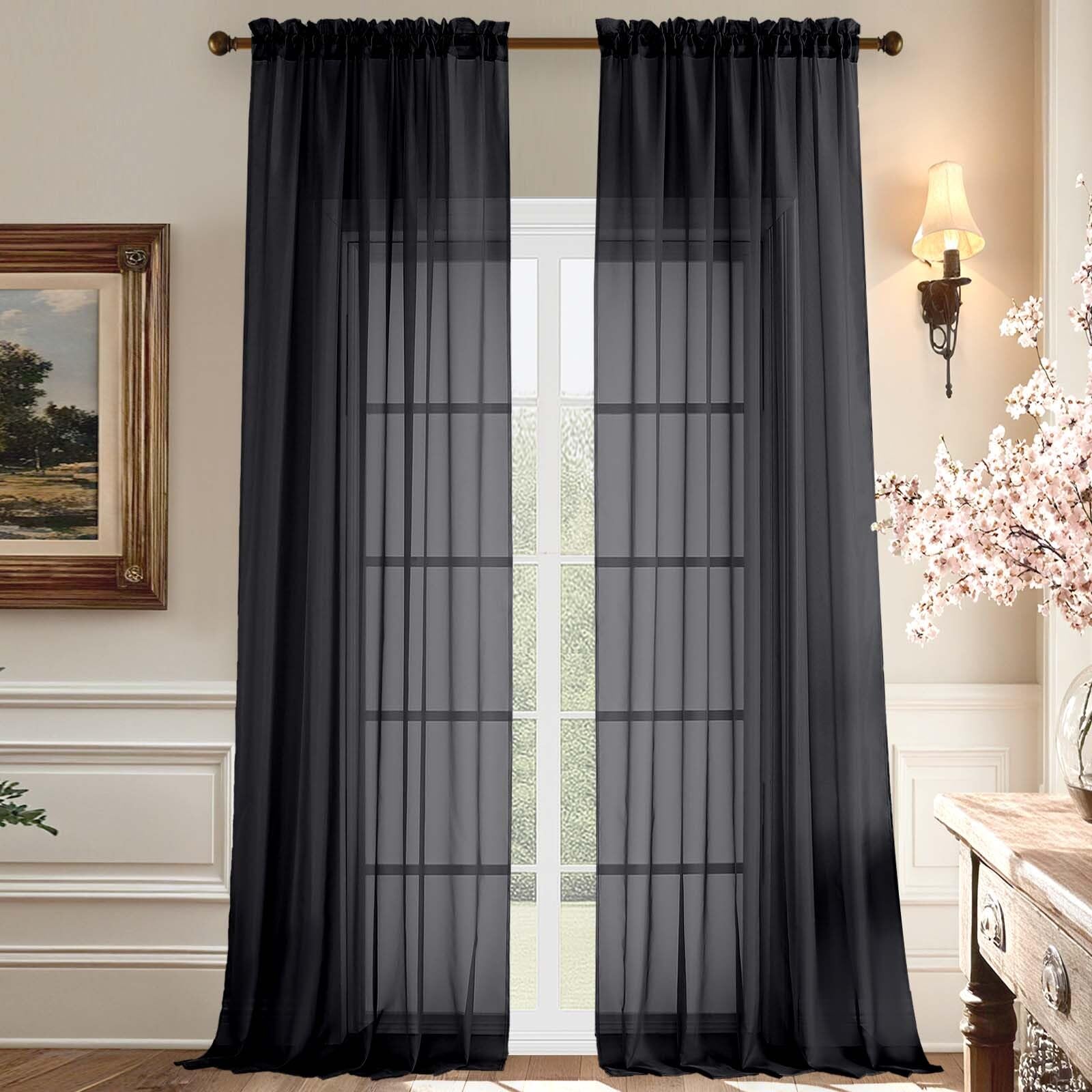 Aiyufeng 108 Inch Black Sheer Window Curtains for Farmhouse, Rod Pocket Voile Window Treatment Vertical Panels for Study Room/Be