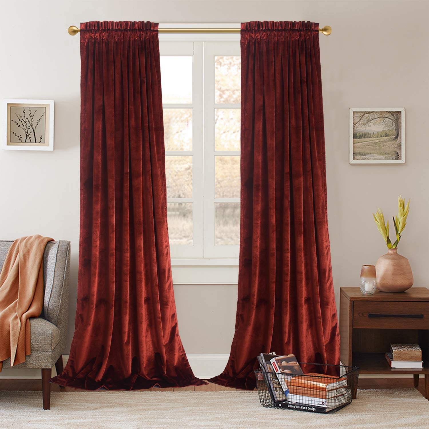 Roslynwood Red Velvet Curtains Light & Heat Block Window Treatment Energy Efficient Privacy Protection Drapes For Hotel/Living R