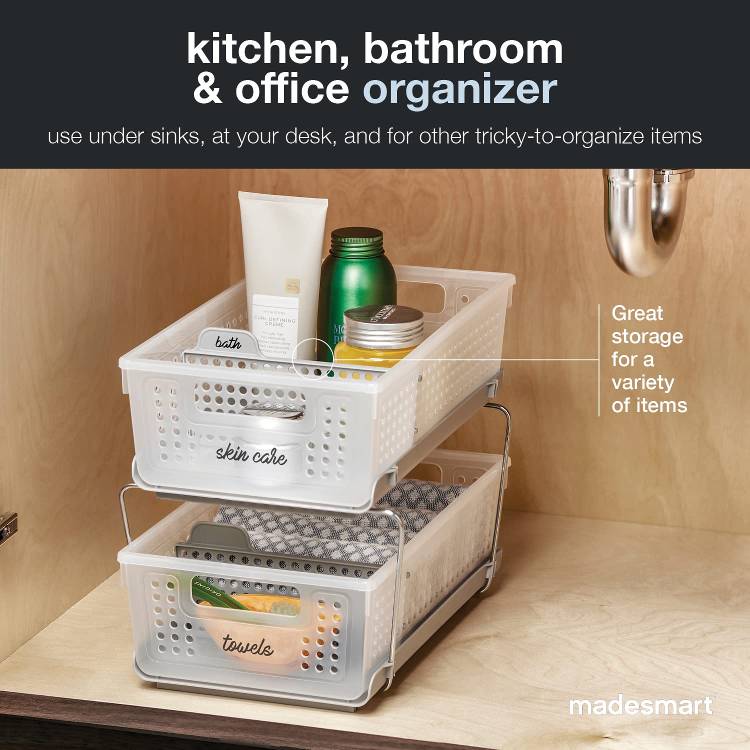 Madesmart 2-Tier Organizer, Multi-Purpose Slide-Out Storage Baskets With Handles And Dividers, Frost