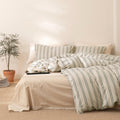 VM VOUGEMARKET Striped Duvet Cover Set Queen Beige 100% Washed Cotton Bedding Set,Grey Vertical Ticking Stripes Pattern Comforte