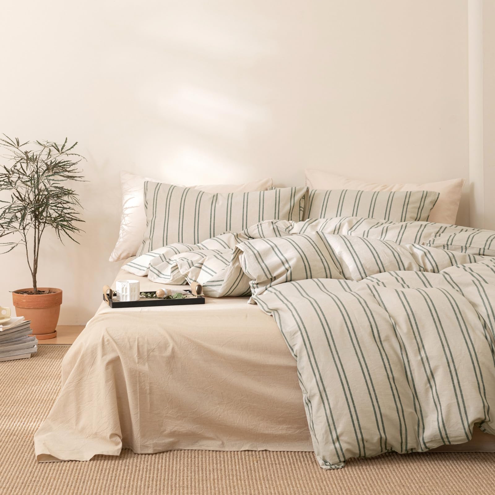 VM VOUGEMARKET Striped Duvet Cover Set Queen Beige 100% Washed Cotton Bedding Set,Grey Vertical Ticking Stripes Pattern Comforte