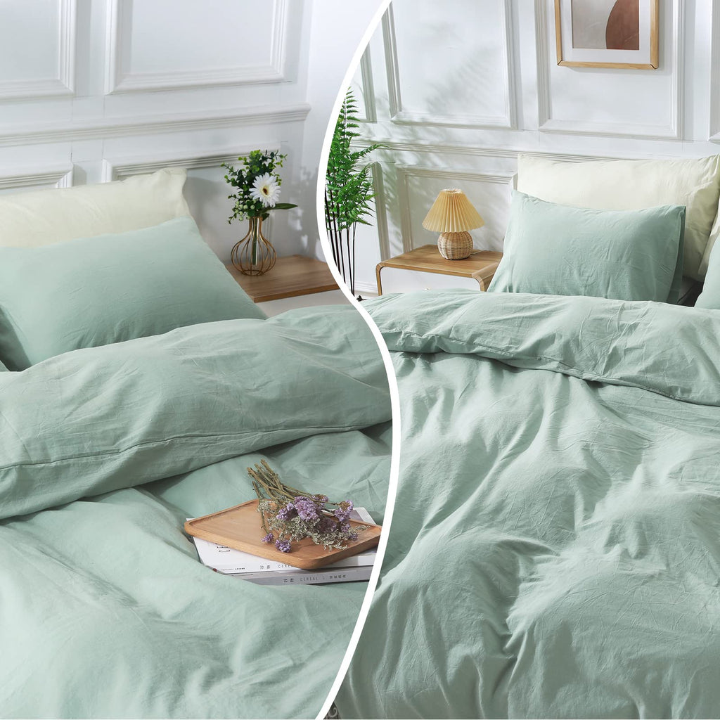 Nexhome Pro Green Duvet Cover Set Oversized Queen 98'X98' Linen Feel Textured Organic Natural 100% Washed Cotton Duvet Cover 3 Pieces Bedding Set Zipper Closure, Breathable, Soft (No Comforter)