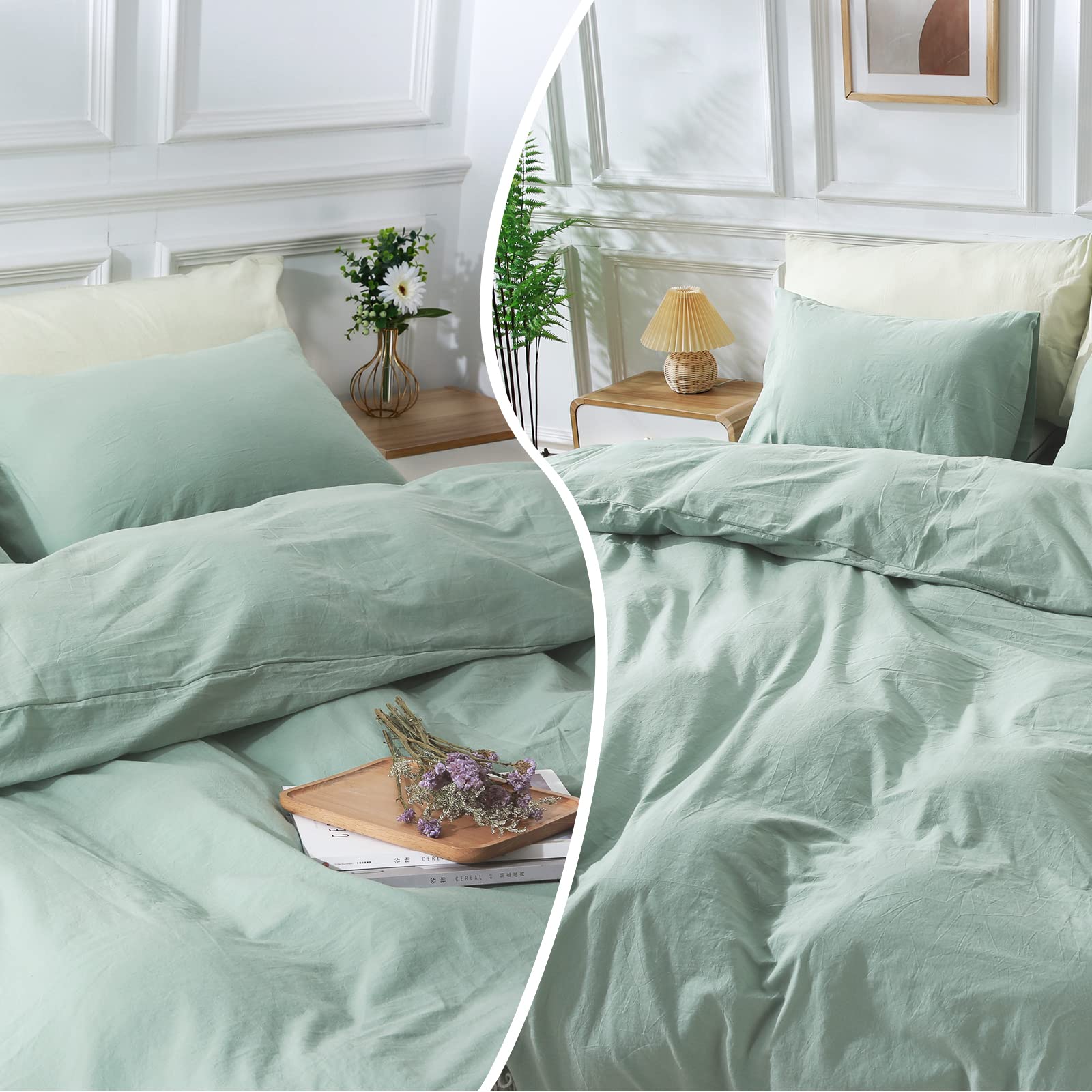 Nexhome Pro Green Duvet Cover Set Oversized Queen 98'X98' Linen Feel Textured Organic Natural 100% Washed Cotton Duvet Cover 3 Pieces Bedding Set Zipper Closure, Breathable, Soft (No Comforter)