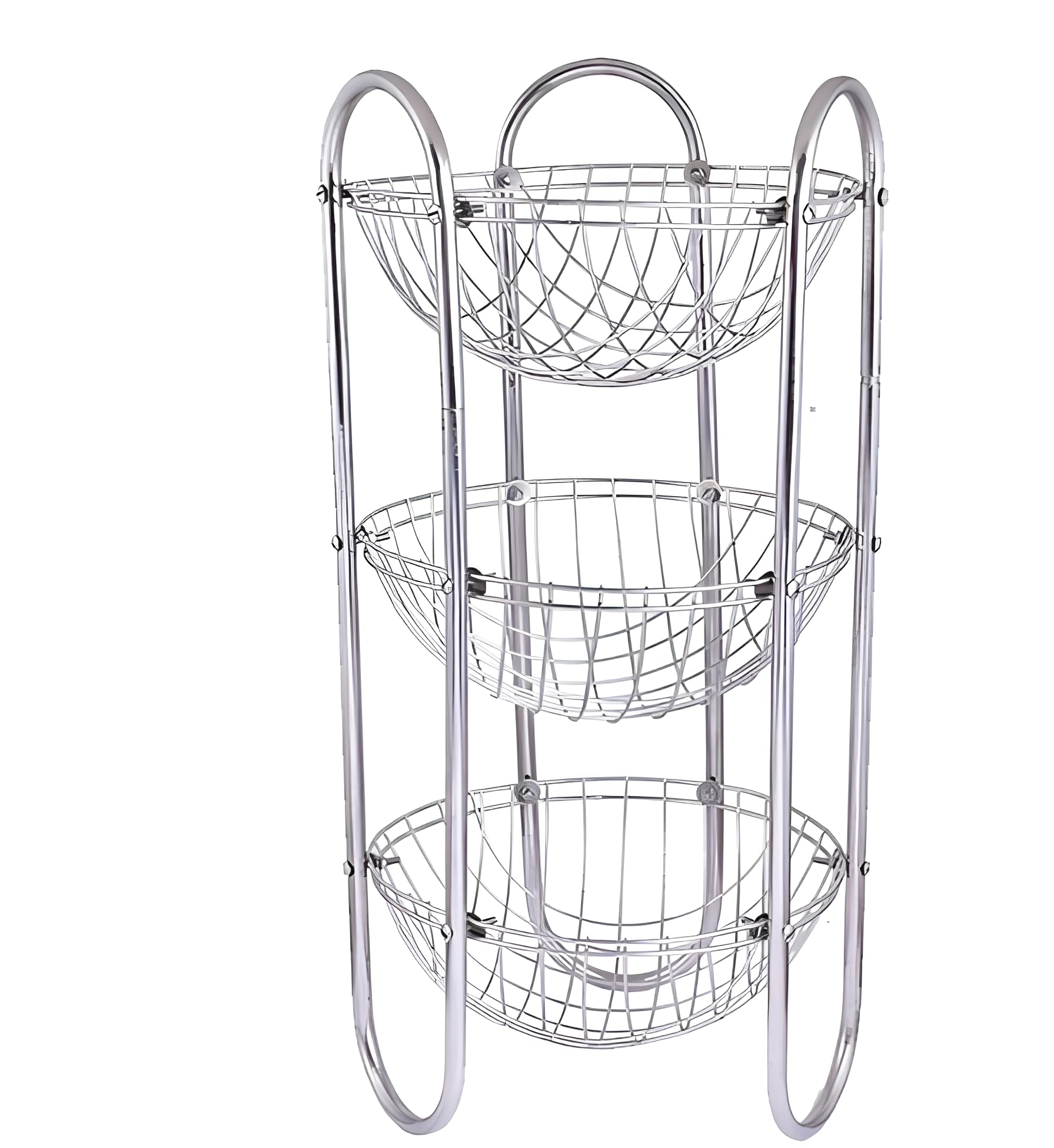 Sm Enterprises Fruit & Vegetables Round Wire Storage Basket Stand, Steel Kitchen Vegetable Fruit Organiser, Chrome Finish (3 Rac
