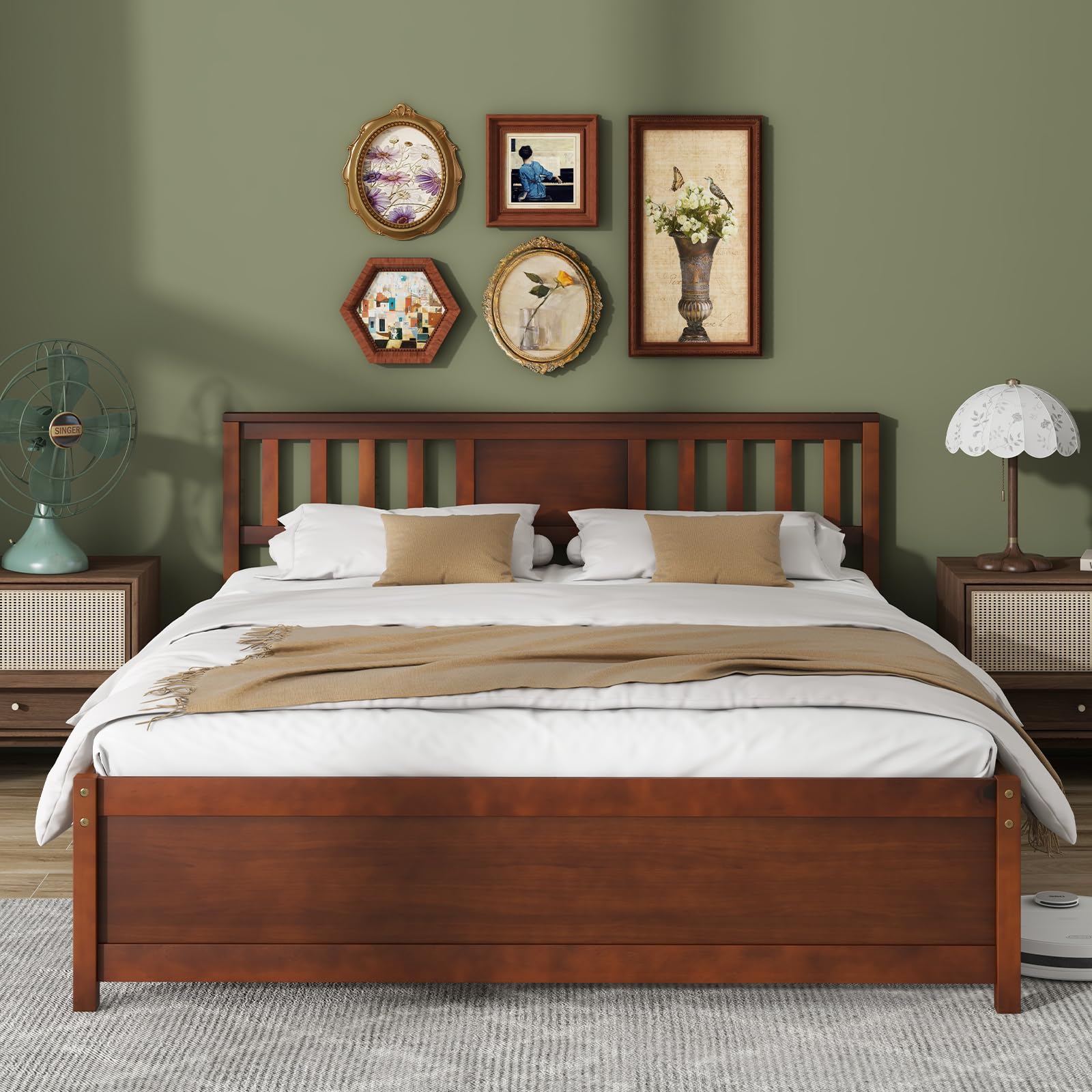 Giantex Queen Size Solid Wood Platform Bed Frame, Mid Century Queen Bed Frame with Headboard, Wood Slat Support, Queen Panel Bed