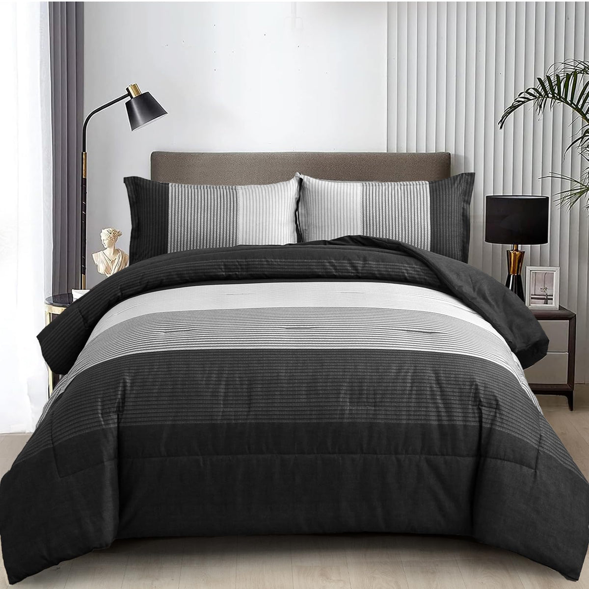 Wongs Bedding Black Comforter Set Queen, Reversible Black Grey Stripe Down Alternative Comforter For All Season,3 Pieces(1 Patch