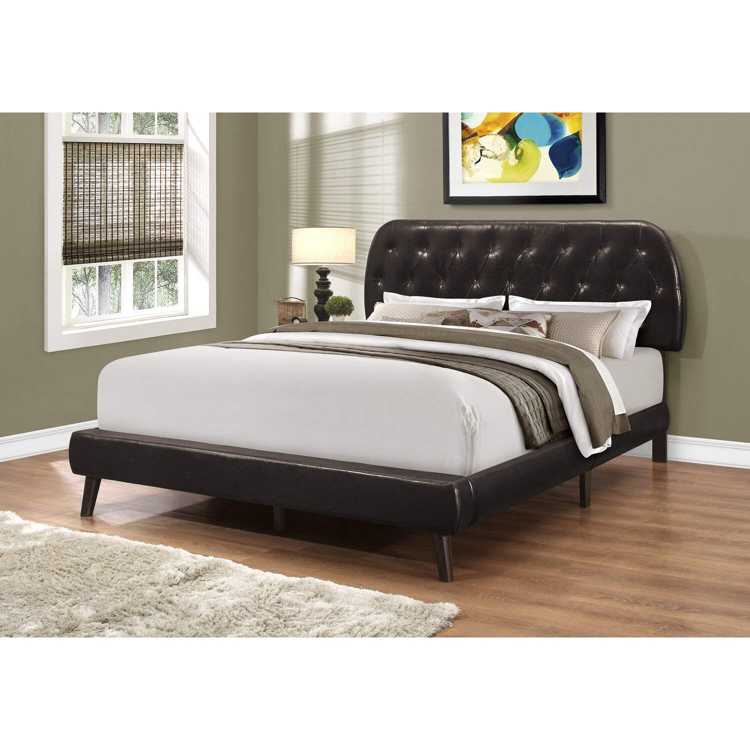 Monarch Specialties Queen Size/Brown Leather-Look with Wood Legs Bed
