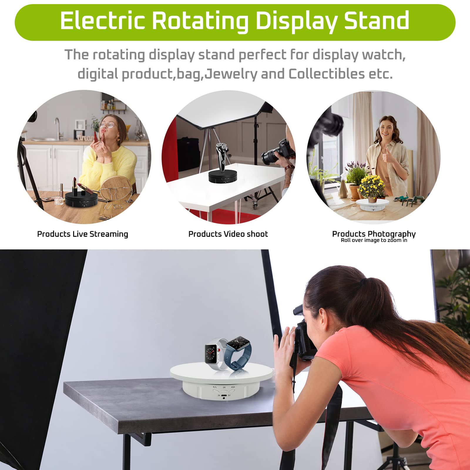 Jayegt 3 In 1 Motorized Rotating Display Stand With 5.74/7.08/8.66 Inch Replacement Cover,Max 22Lbs Load , 3D Models, Cake -Blac