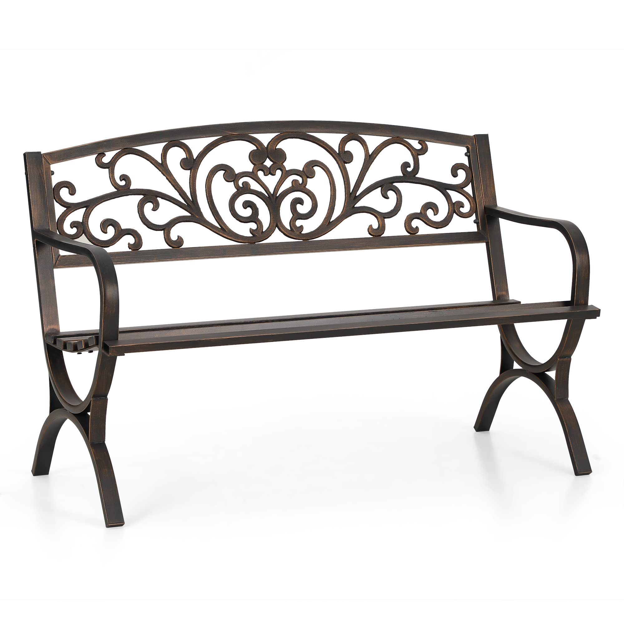 Sophia & William Metal Outdoor Bench, 50' Outdoor Garden Bench Patio Park Bench, Cast Iron Park Benches For Outside With Floral Design Backrest, Bronze
