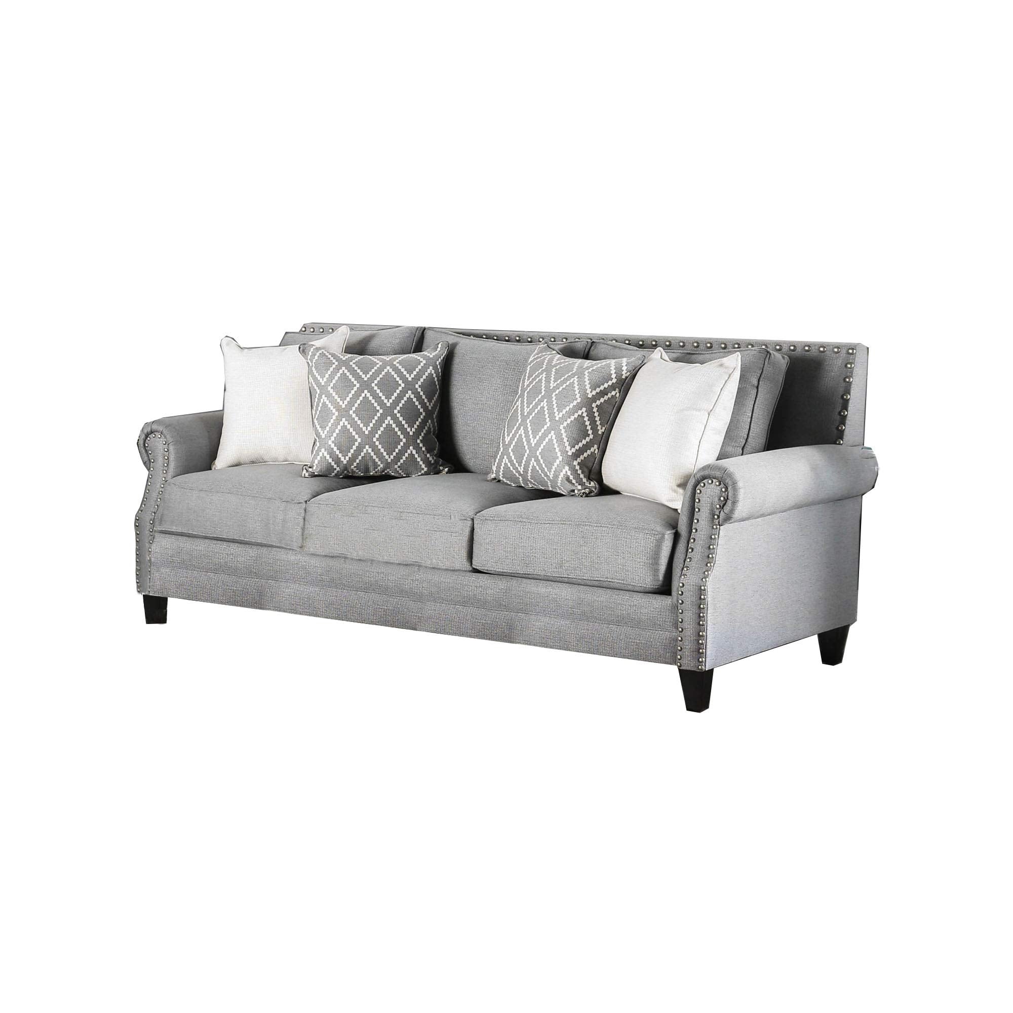 Benjara, Gray Fabric Upholstered Wooden Sofa With Nailhead Trims